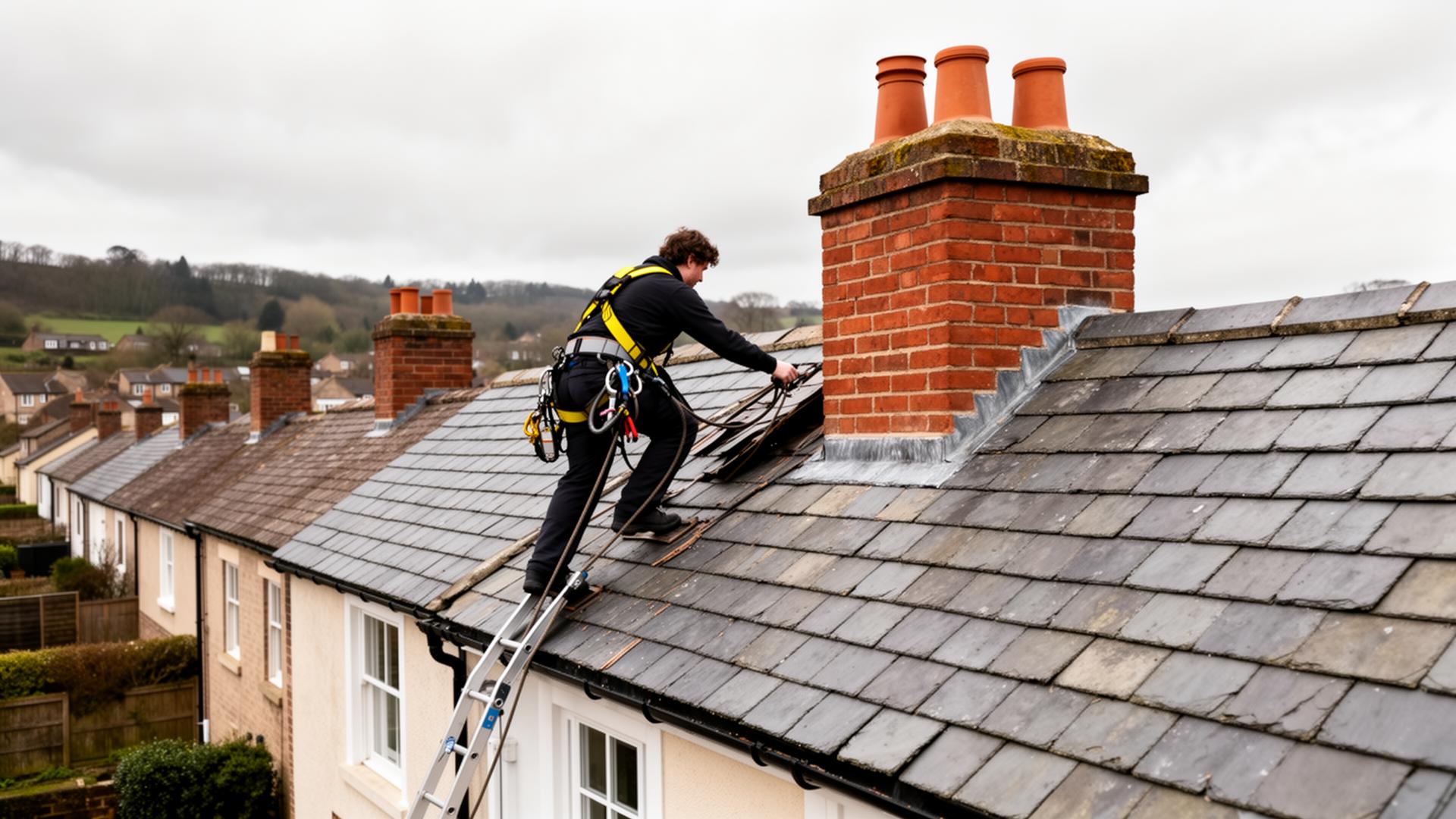 UK roofer working on a slate-tiled pitched roof