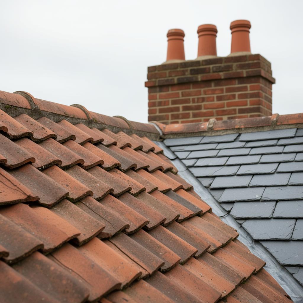 Close-up of perfectly aligned new clay roof tiles